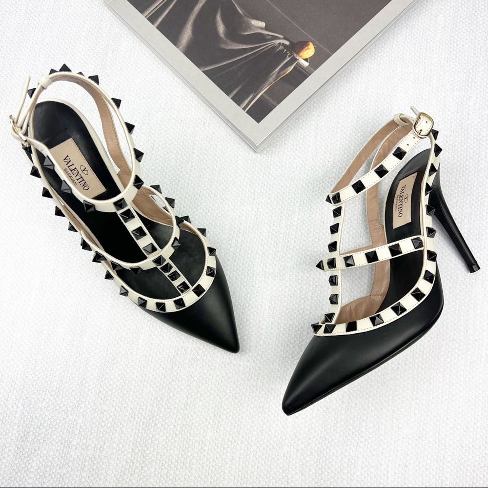 Valentino Black and White Rockstud Ankle Strap Caged Pumps